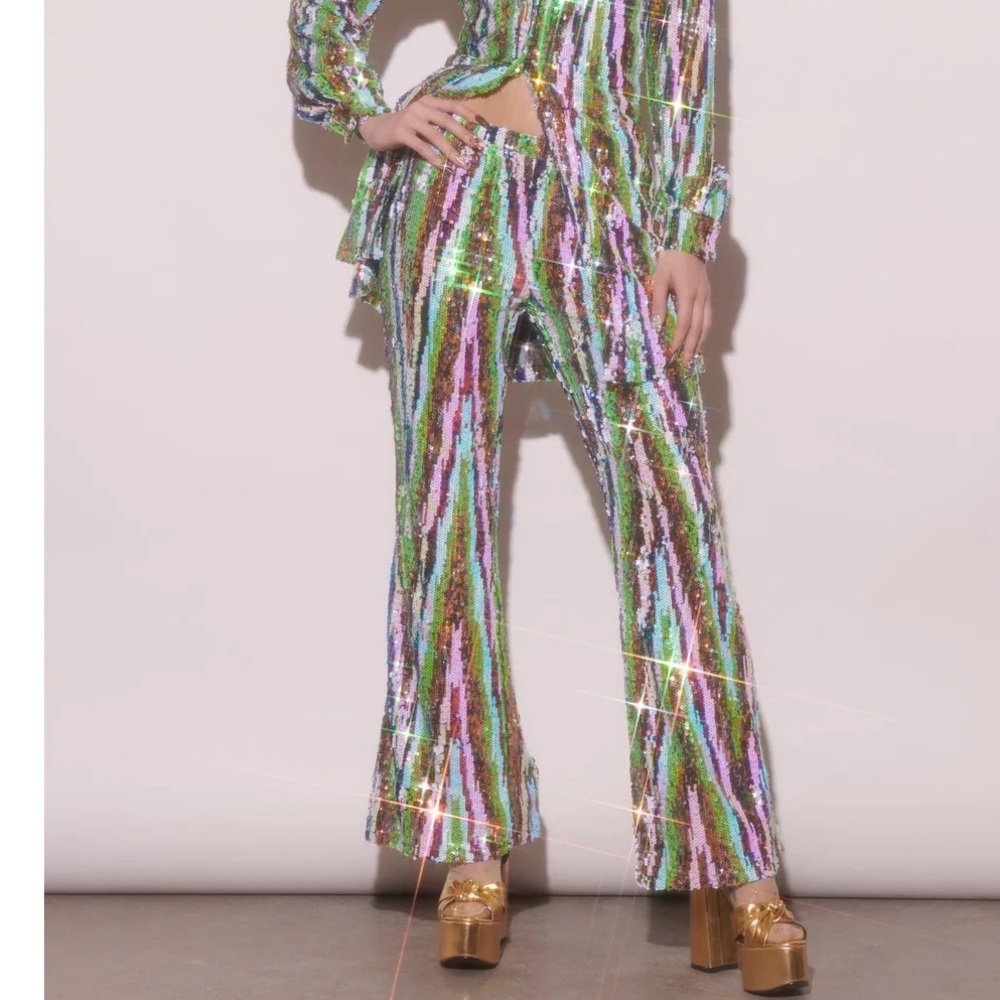 Meghan Fabulous LA sequin party chic pants in Lime Glitter XS S